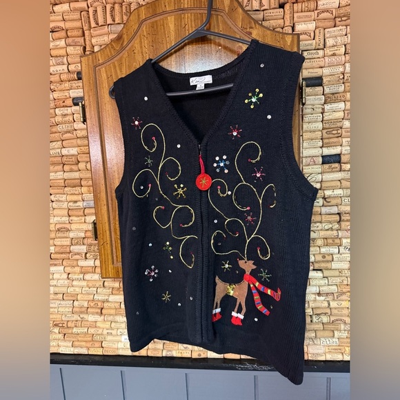 Vintage Kim Roger’s Holiday Reindeer sequined cotton blend zip vest sz M - Picture 2 of 8